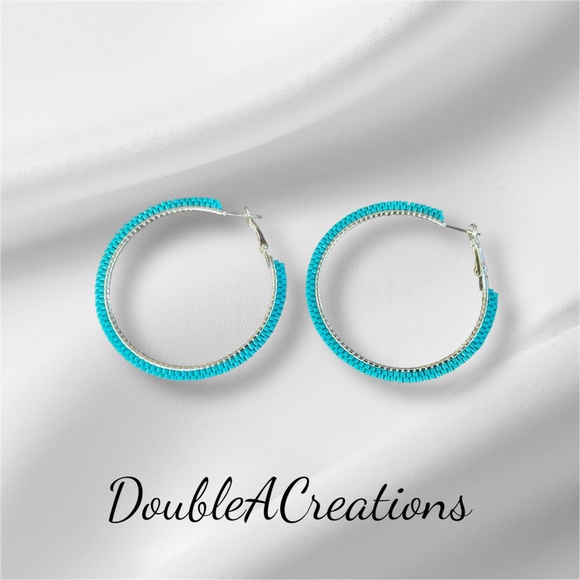 Turquoise Beaded 2” Hoops, New, Handmade by Me - Picture 2 of 4